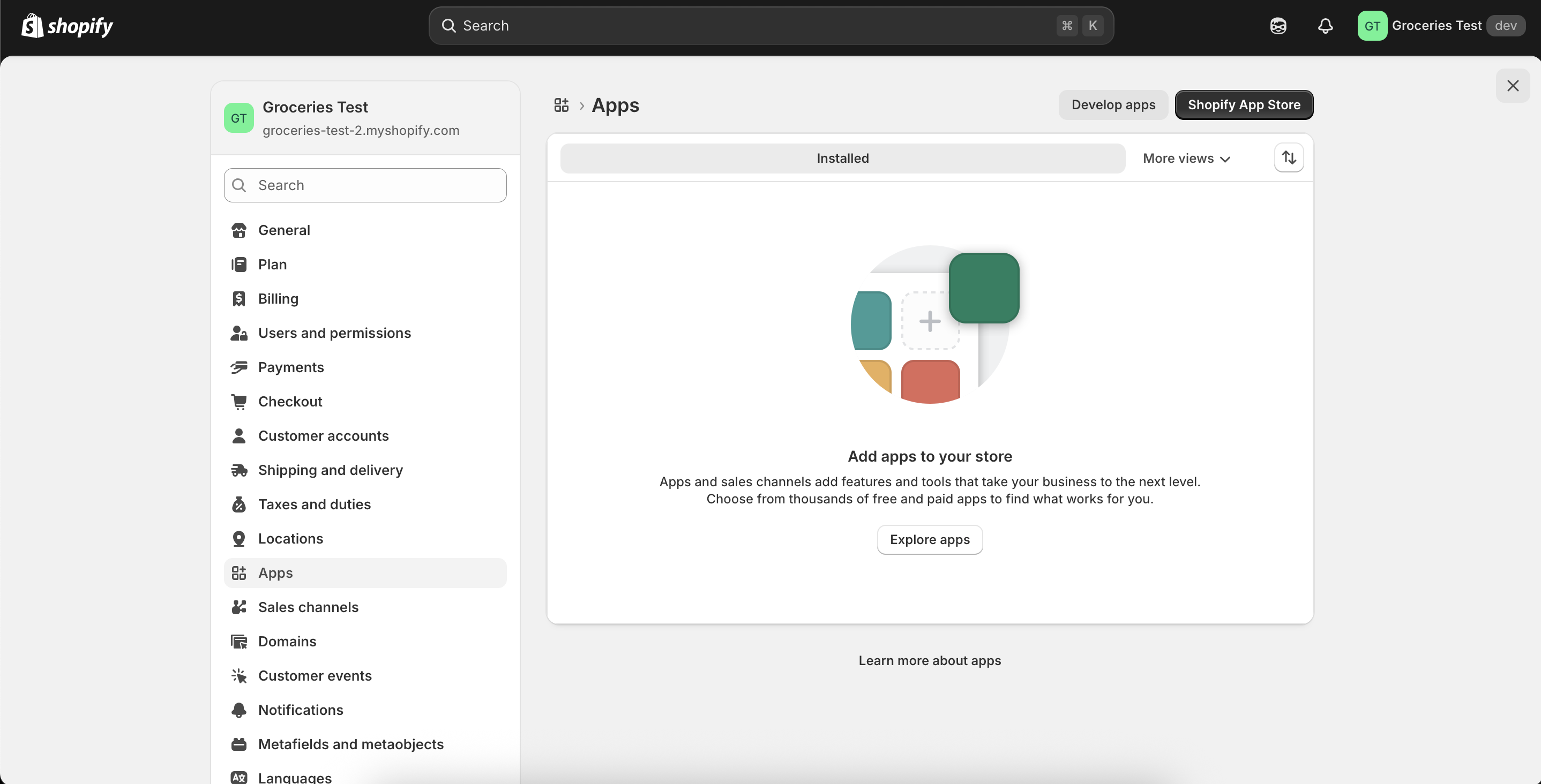Panel de Shopify: Configuración, Aplicaciones, Desarrollar aplicaciones