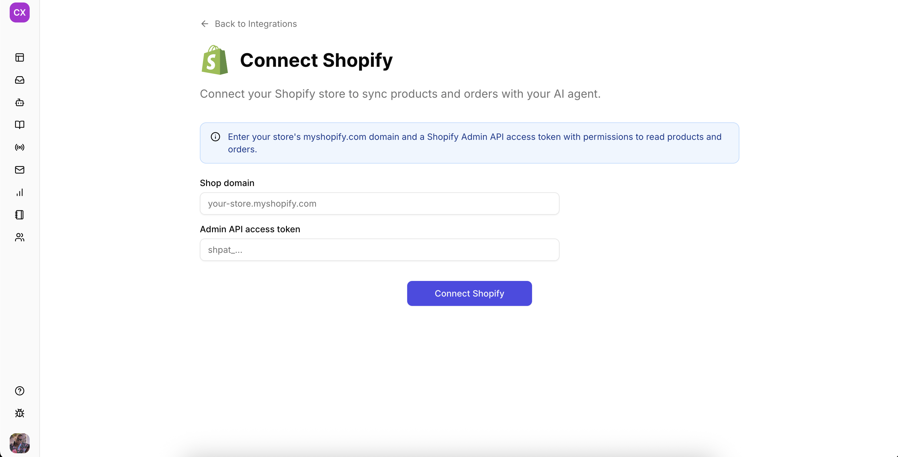 Integración Shopify en CXWizard: dominio de la tienda y token