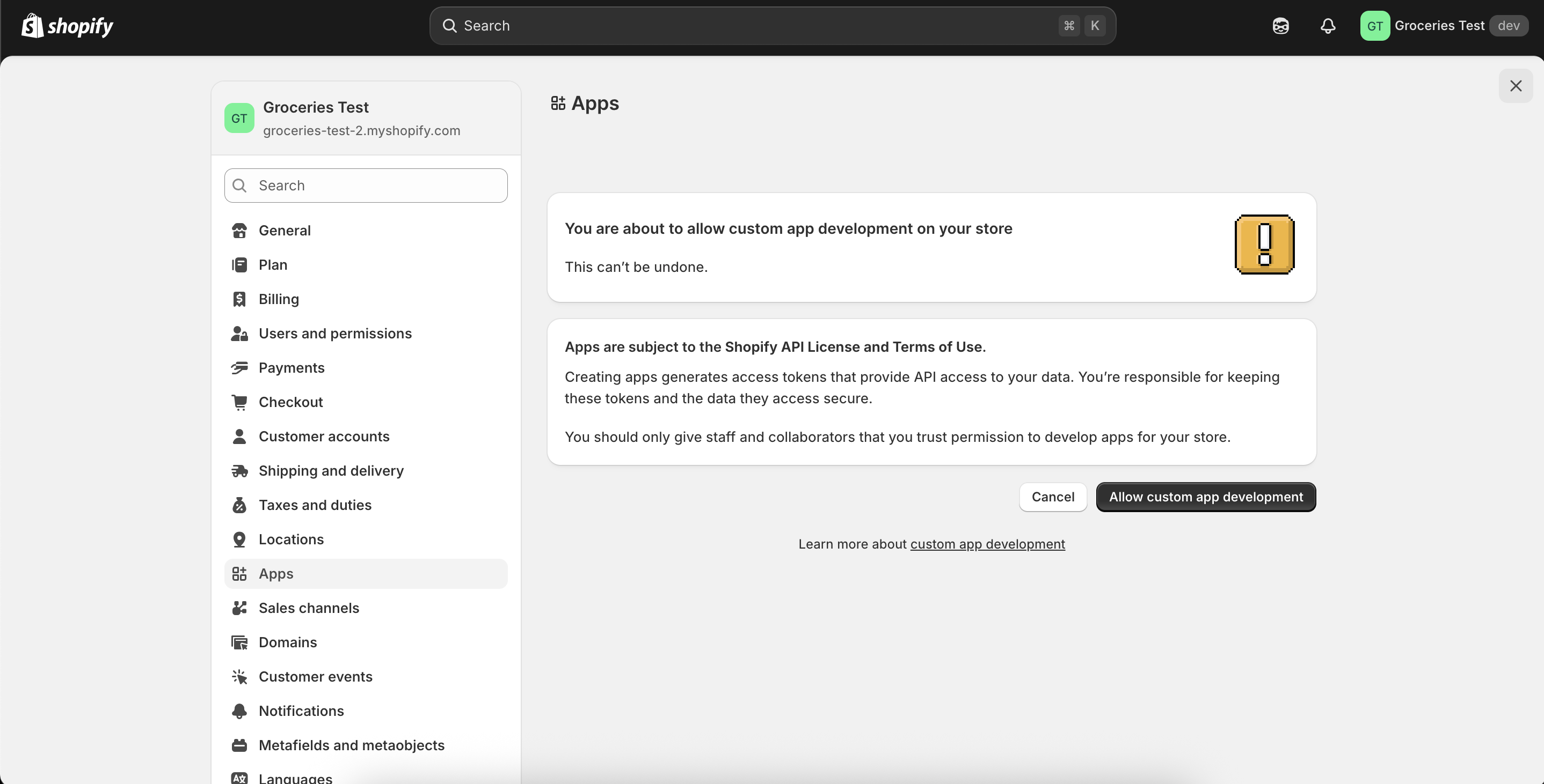 Advertencia y Allow custom app development
