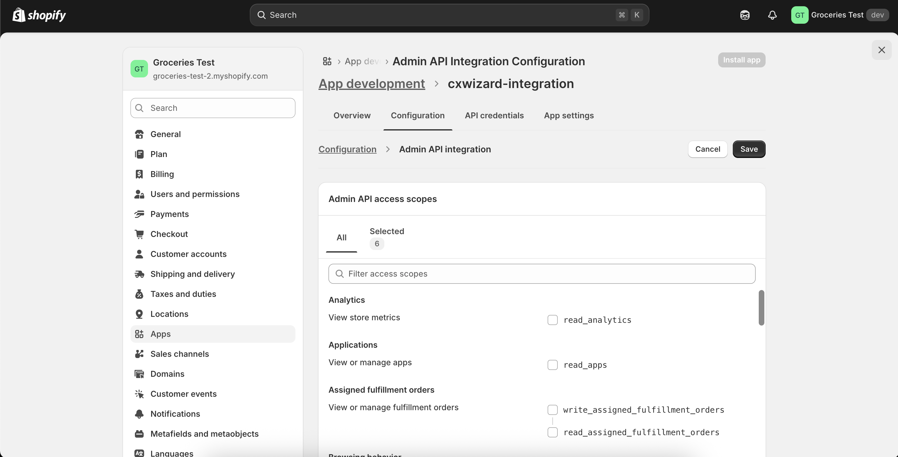 Permisos seleccionados de la API de administración y Save