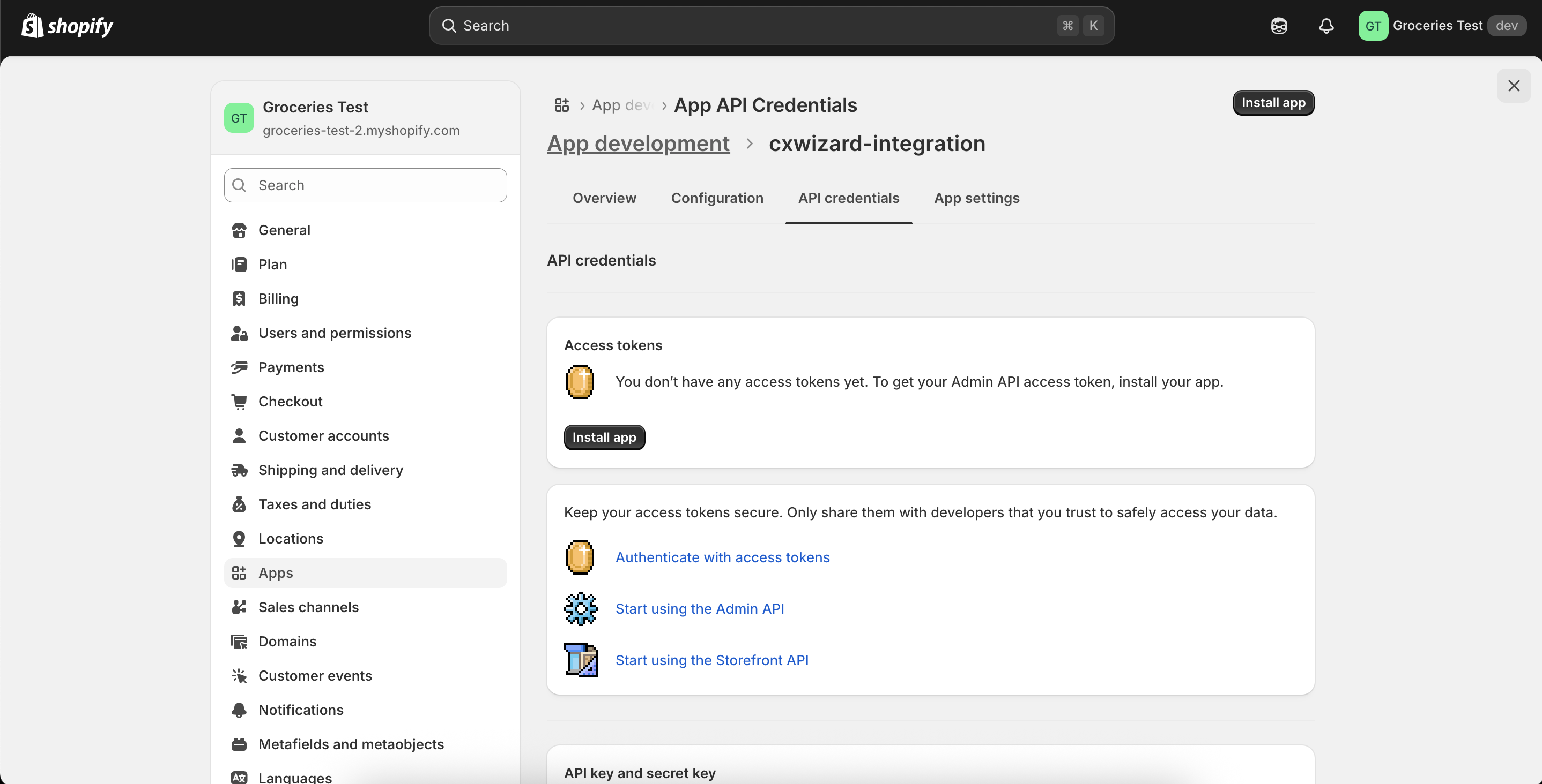 Pestaña API credentials e Install app