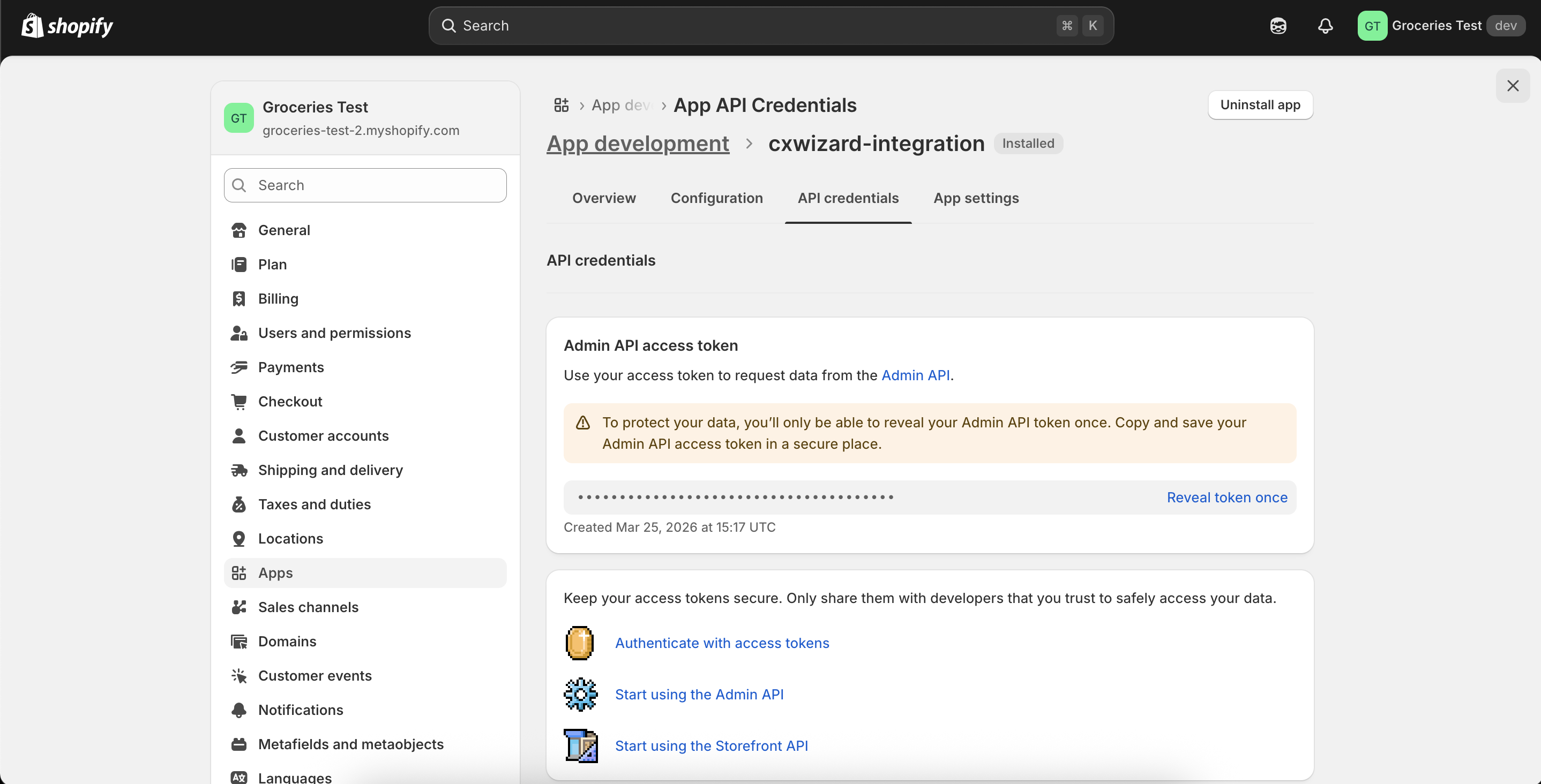 Revelar y copiar el token de la API de administración
