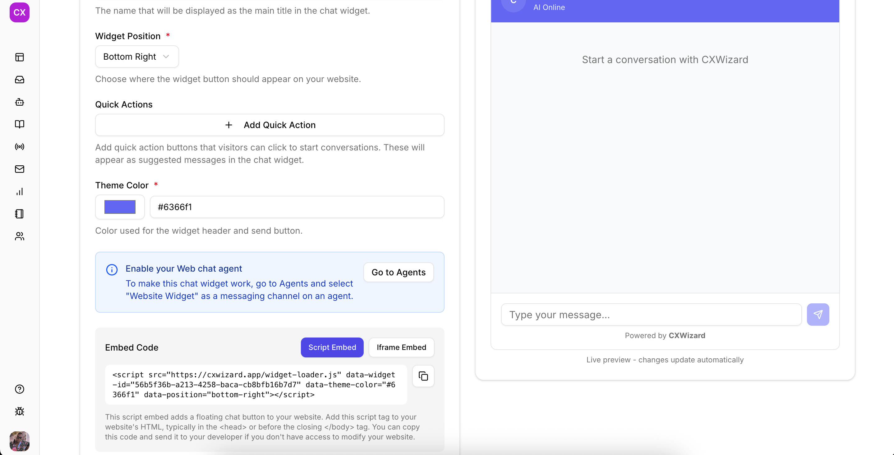 Código de incrustación del Website Widget de CXWizard