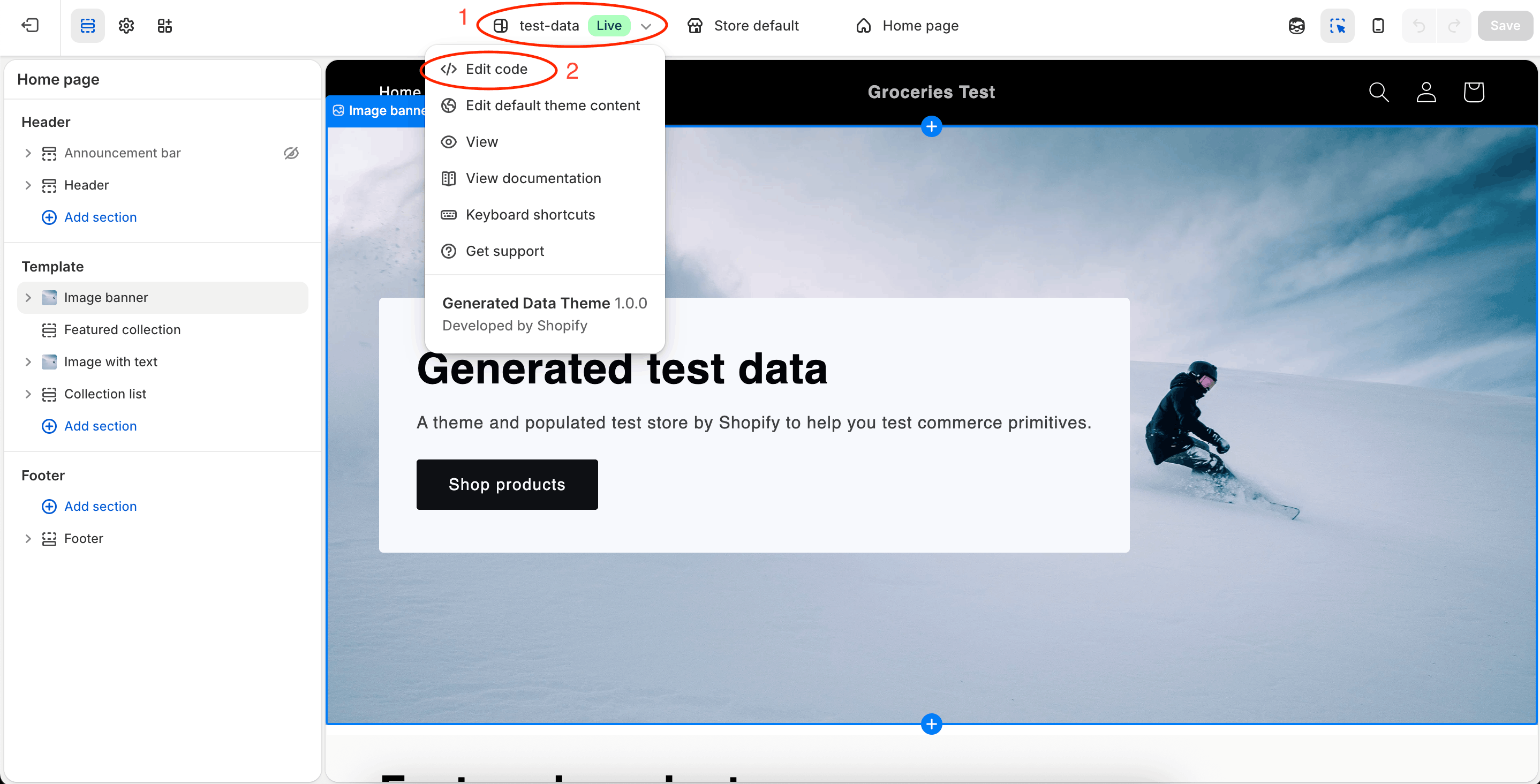 Menú del tema y Edit code