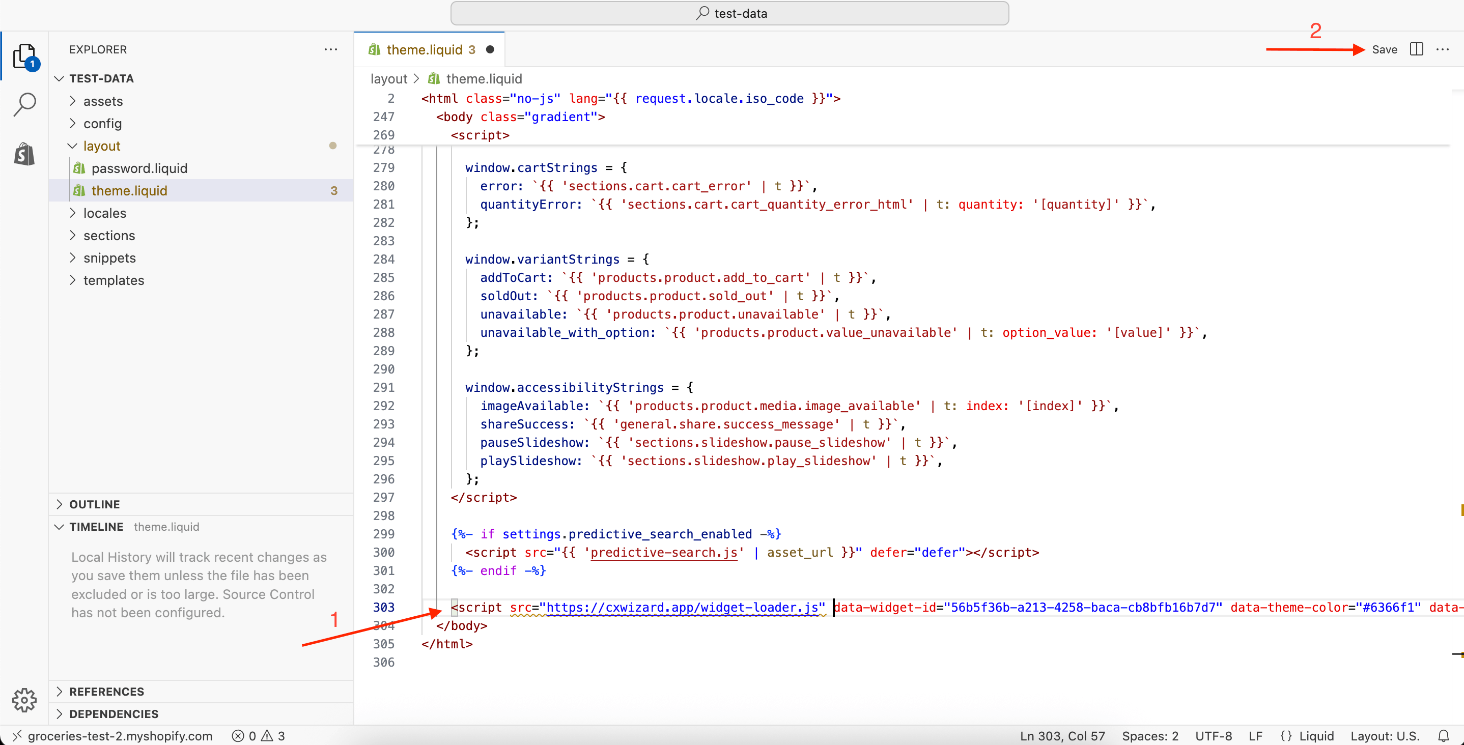 Pegar el código antes del cierre del body